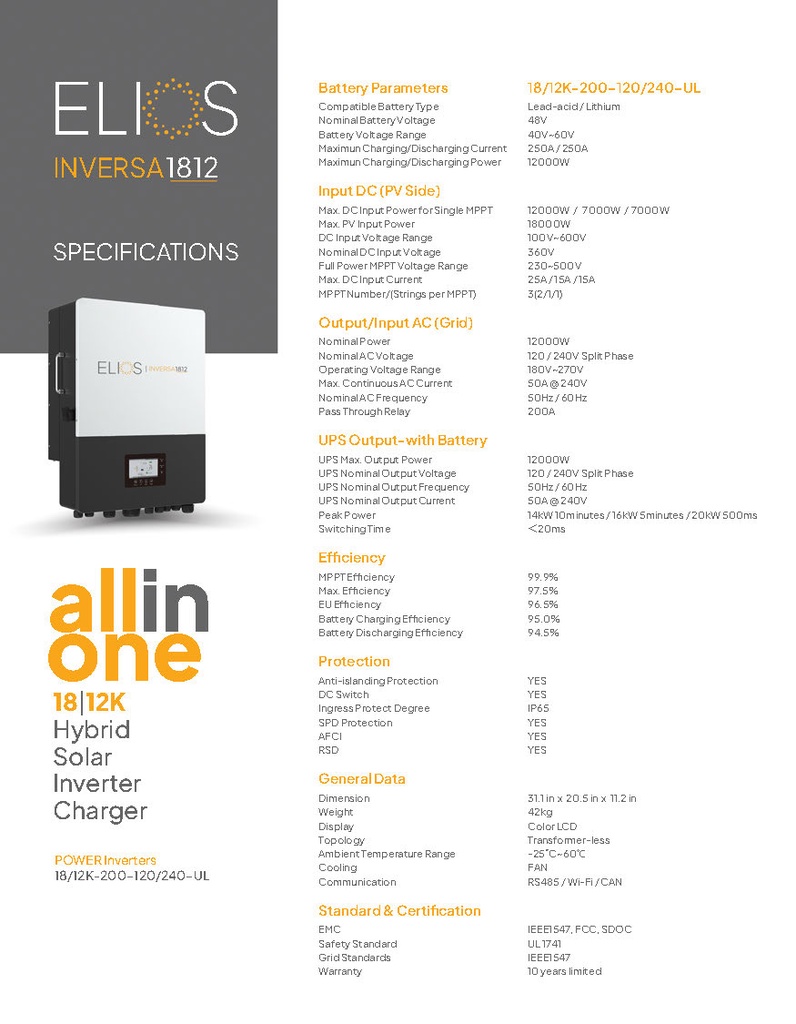 Elios Inversa 1812 | 18KW All in one Hybrid Solar Inverter Charger